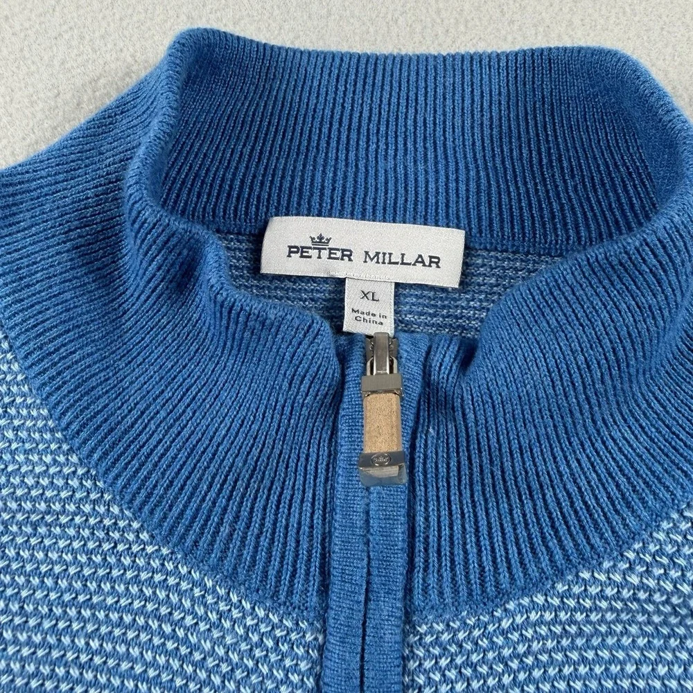 Peter Millar Mens XL 1/4 Zip Sweater Blue Cotton Silk Blend Pullover Golf Luxury